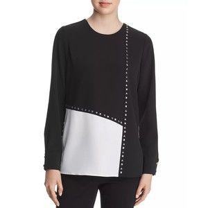 Calvin Klein Women's Colorblocked Black White Studded Long Sleeve Top Blouse S